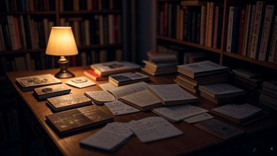 Cozy desk with poetry books and notes for choosing funeral poems