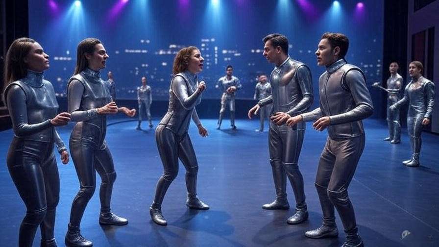 Futuristic Shakespearean stage with actors using motion capture for innovative choreography