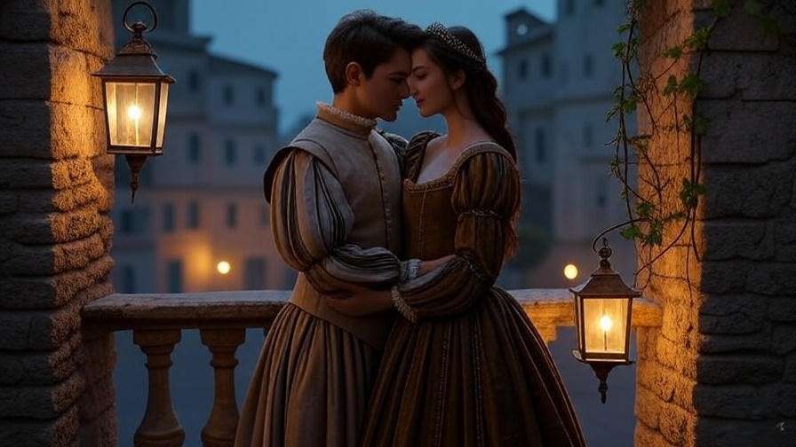Romeo and Juliet balcony scene illustration highlighting passionate love poetry in Shakespeare's verse.