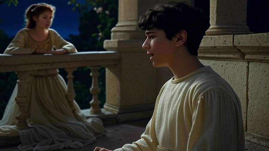 Romeo reciting poetry to Juliet on a Verona balcony at night