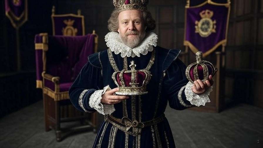 Actor with crown and sword on stage, symbolizing power in Shakespeare’s history plays