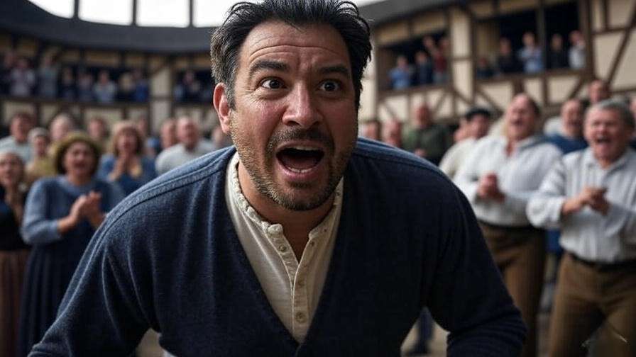 Actor engaging audience in recreated Shakespearean Globe Theatre