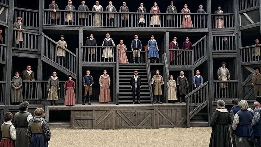 Actors on Globe Theatre stage using vertical space to create mood in Shakespearean performance