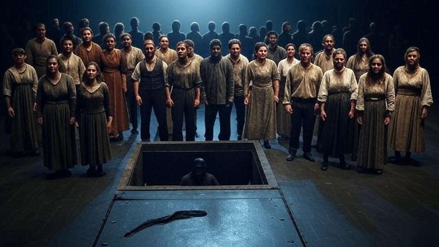 Macbeth performance with trapdoor and tight groupings creating dark mood on stage