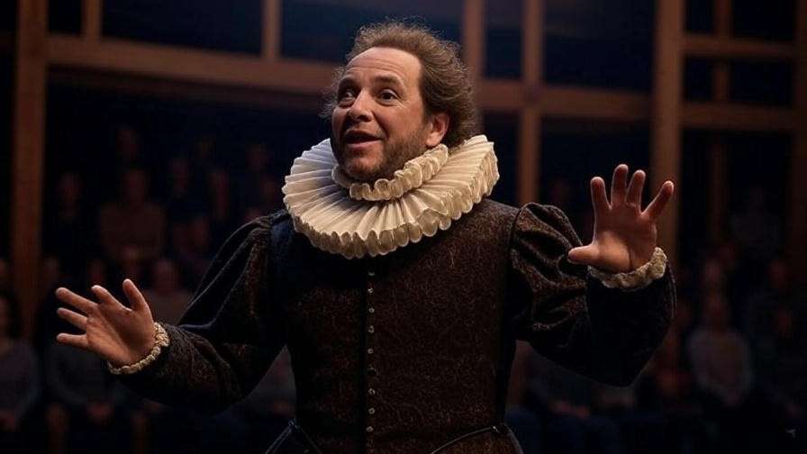 Actor delivering Shakespearean soliloquy on Elizabethan stage with minimalist design