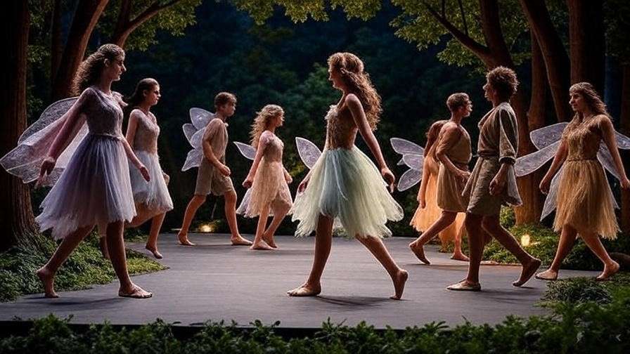 Dreamlike stage scene of A Midsummer Night’s Dream with fairy actors creating enchanting mood