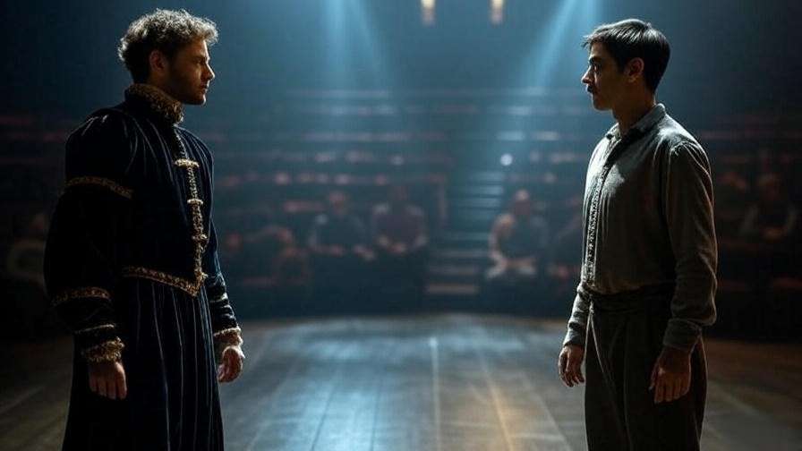 Two actors in contrasting Shakespearean costumes depicting character foils on stage