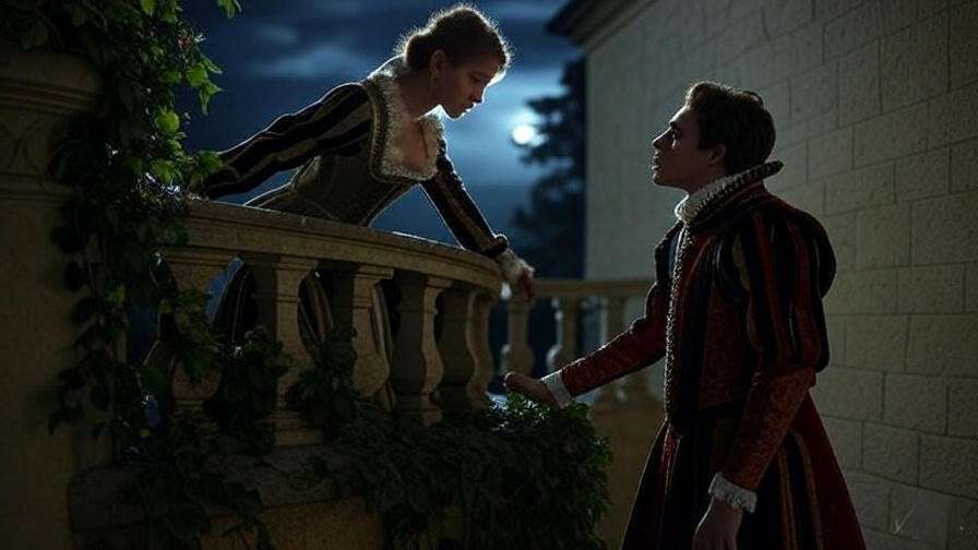 Elizabethan balcony scene depicting Romeo and Juliet's passionate encounter under moonlight.