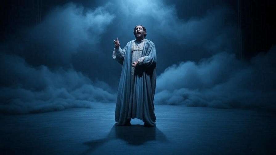 Actor in flowing costume on minimalist stage with dramatic storm effect.