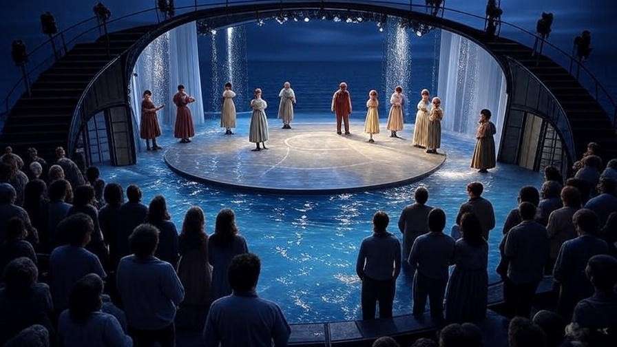 Immersive Tempest production with 360-degree staging and water effects for magical mood.