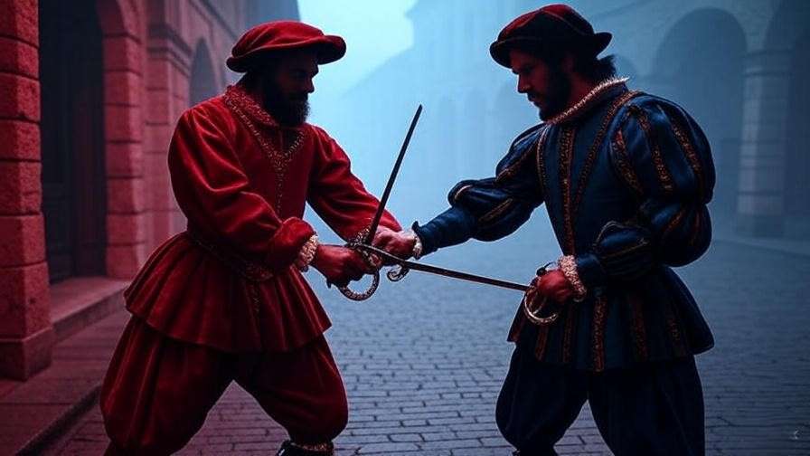 Swords clashing in Verona street symbolizing love versus hate in Shakespeare's Romeo and Juliet