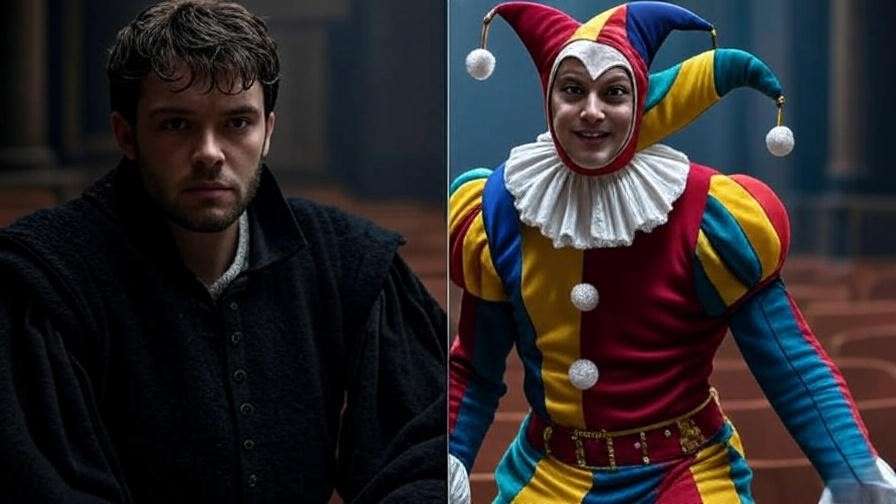 Split-stage theater scene with Macbeth’s tragedy and jester comic relief