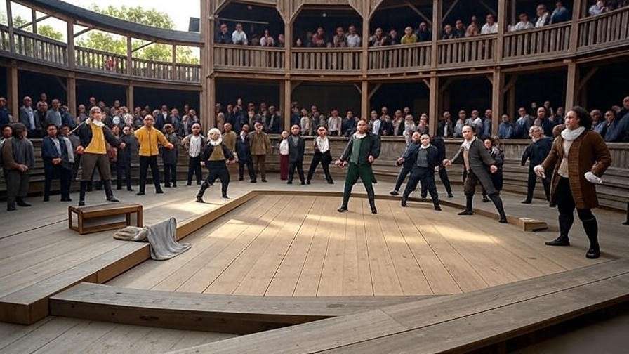 Globe Theatre thrust stage with actors and minimal props in Elizabethan theater design