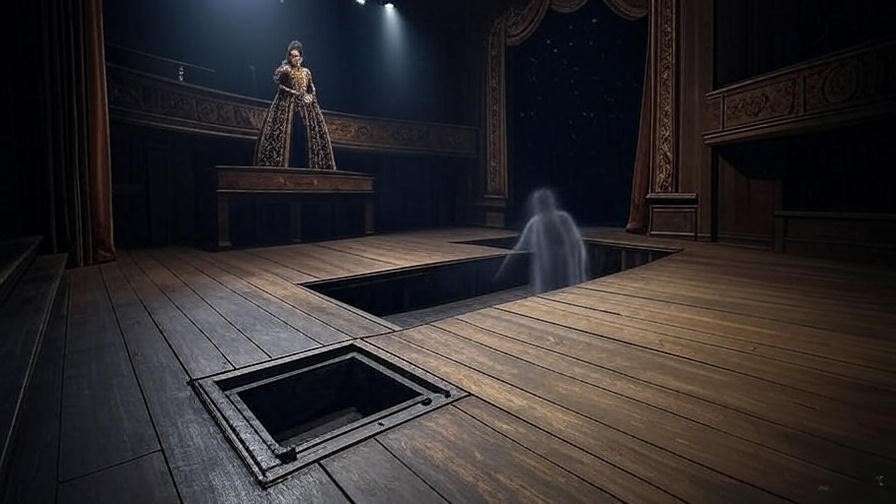 Shakespearean stage with trapdoor, balcony, and discovery space in minimalist design