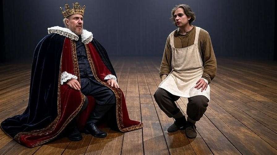 Actors in Shakespearean costumes on a minimalist stage with lighting effects
