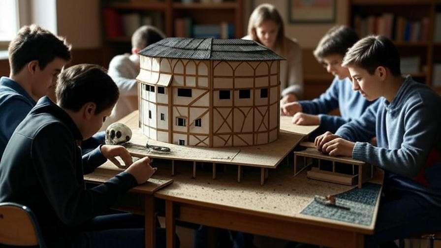 Students learning Shakespearean stage design on Globe Theatre replica