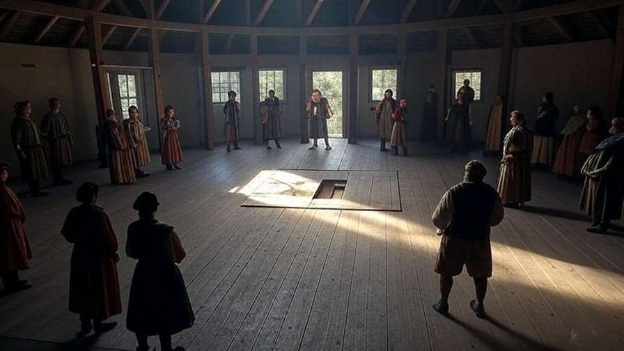 Minimalist staging in Shakespeare's Globe Theater highlighting innovations in stage performance and imaginative set design.