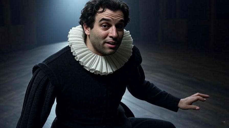 Actor performing Hamlet soliloquy demonstrating Shakespeare's innovations in stage performance for psychological depth.