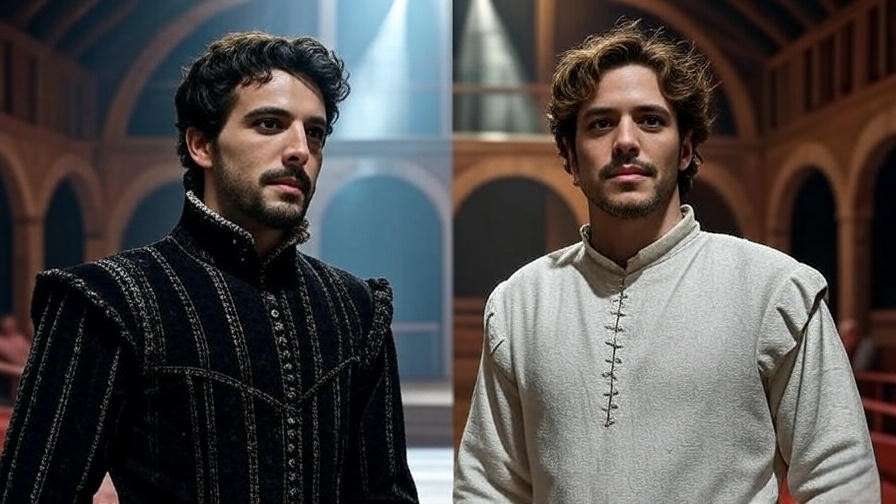 featuring a traditional Petruchio on the left in a dark ornate doublet with intricate patterns