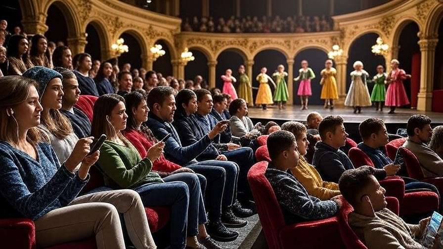 Diverse theatergoers using earphones and smartphones with subtitles in a historic theater