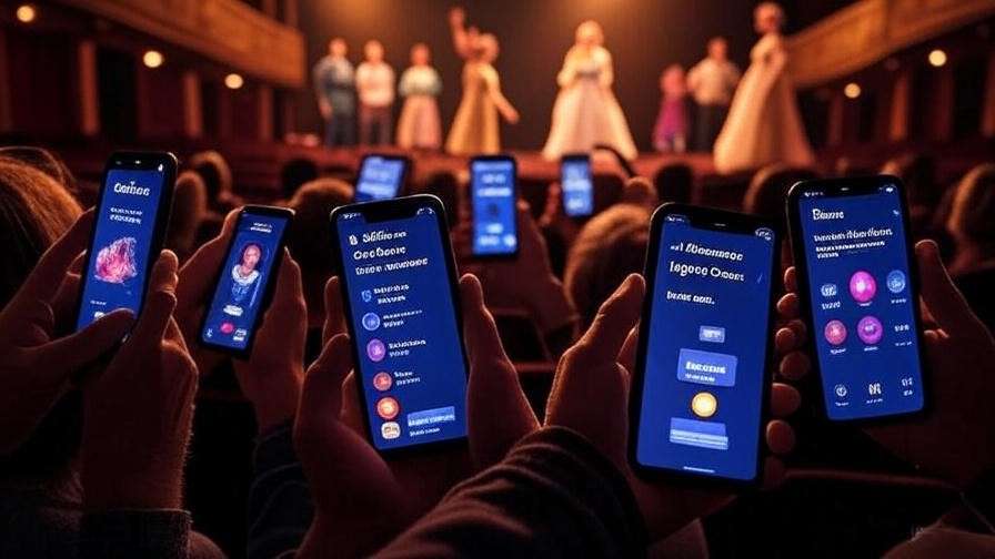 Close-up of hands holding smartphones with the Theater Ears app