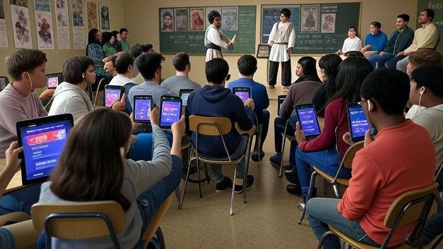 High school students using earphones and tablets with Theater Ears app subtitles
