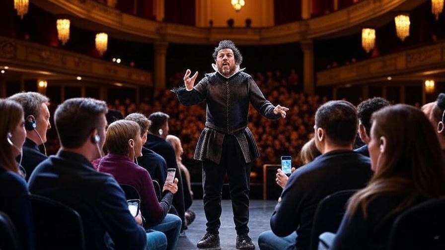 Actor performing Hamlet’s soliloquy in Elizabethan costume on a grand theater stage