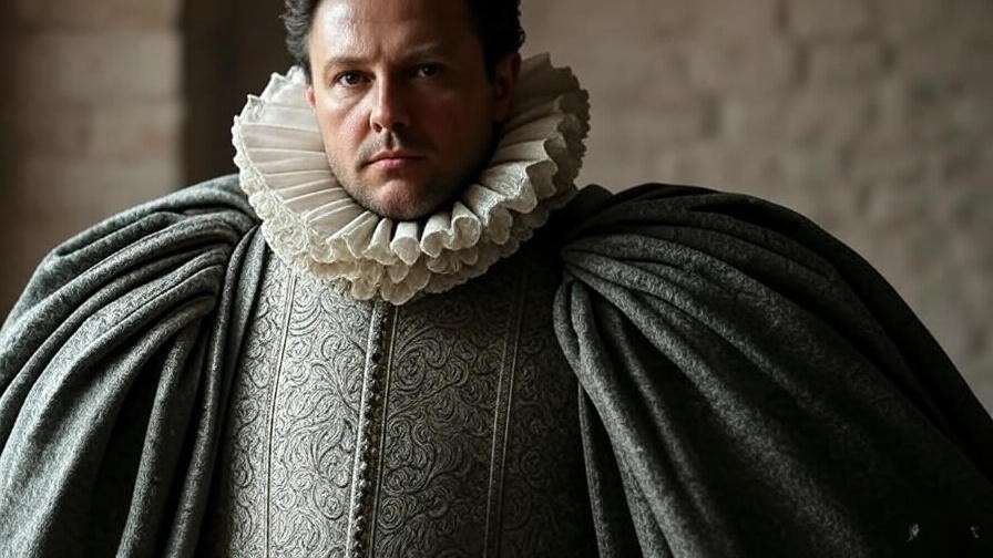 Illustration of Elizabethan fashion with doublet, ruffled collar, and cloak for drawing Shakespeare