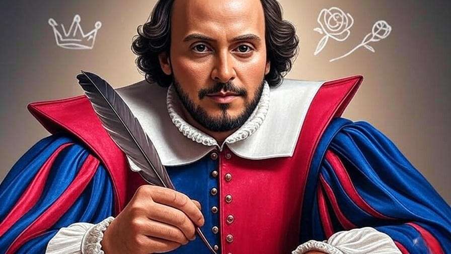 Modern minimalist illustration of Shakespeare with quill and play symbols like crown and rose
