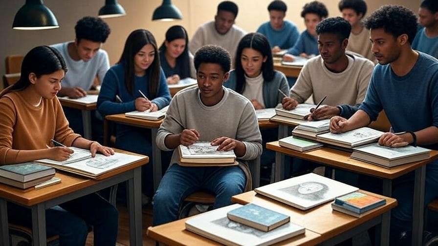 Classroom scene of students sketching Shakespeare portraits with books and play scripts