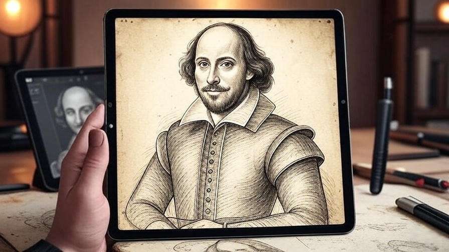 Digital art workspace with tablet showing Shakespeare sketch and historical parchment background