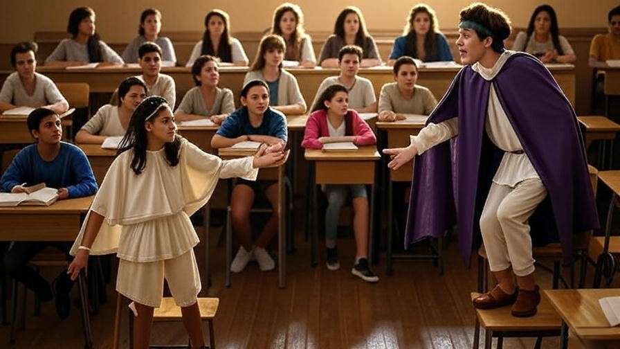 Students performing a readers theatre script of Romeo and Juliet balcony scene in a lively classroom.