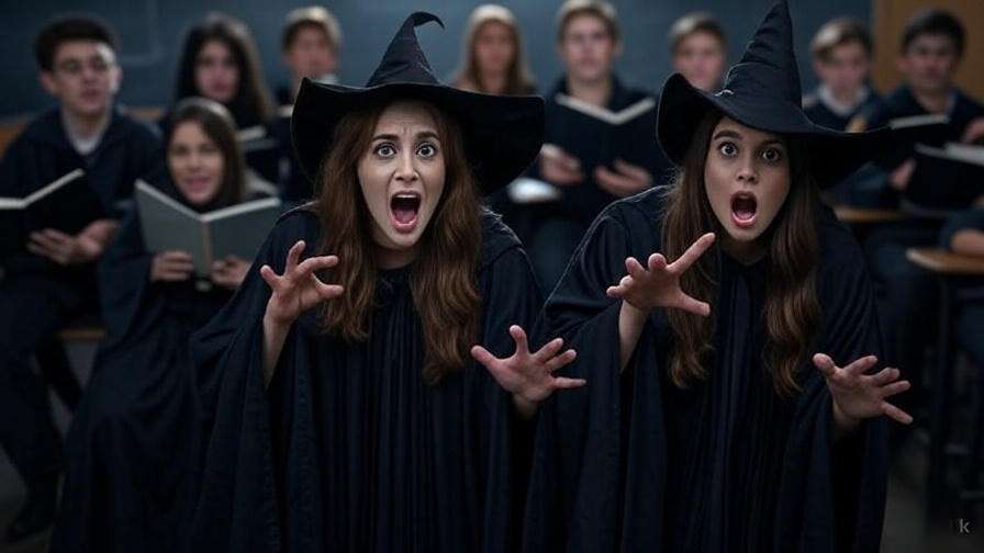 Students acting out a Macbeth witches prophecy scene in a readers theatre classroom setting.