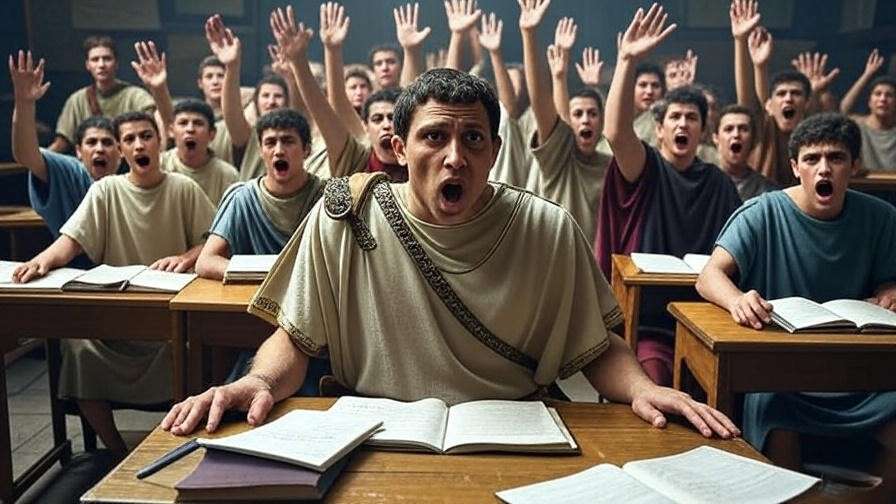 Students enacting a dramatic readers theatre assassination scene from Julius Caesar