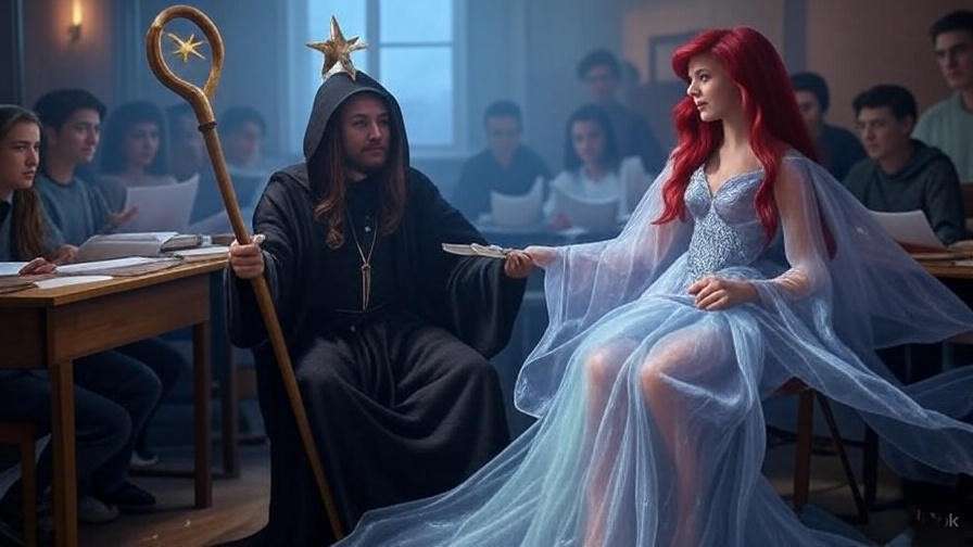 Students performing a magical readers theatre scene of Prospero and Ariel from The Tempest