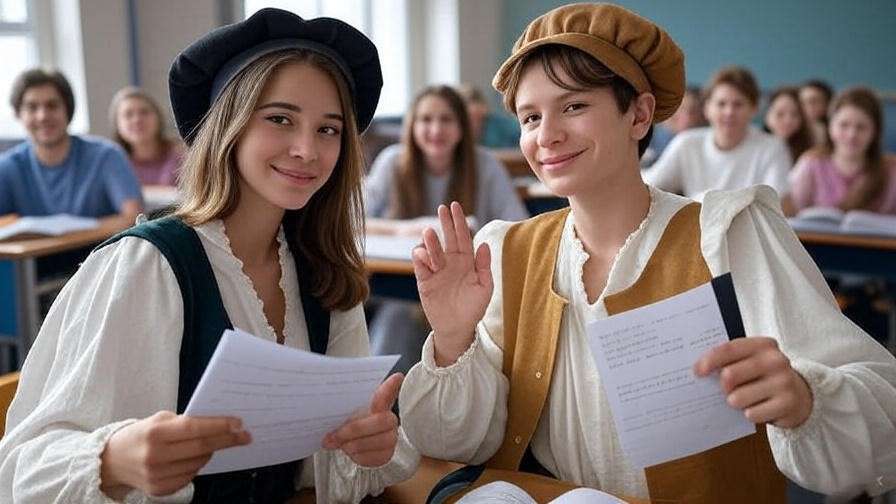 Students performing a witty readers theatre banter between Beatrice and Benedick from Much Ado