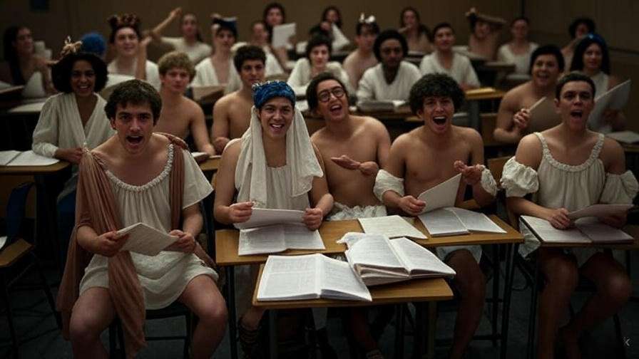 Students using props like scarves and crowns in a readers theatre rehearsal for Shakespeare.