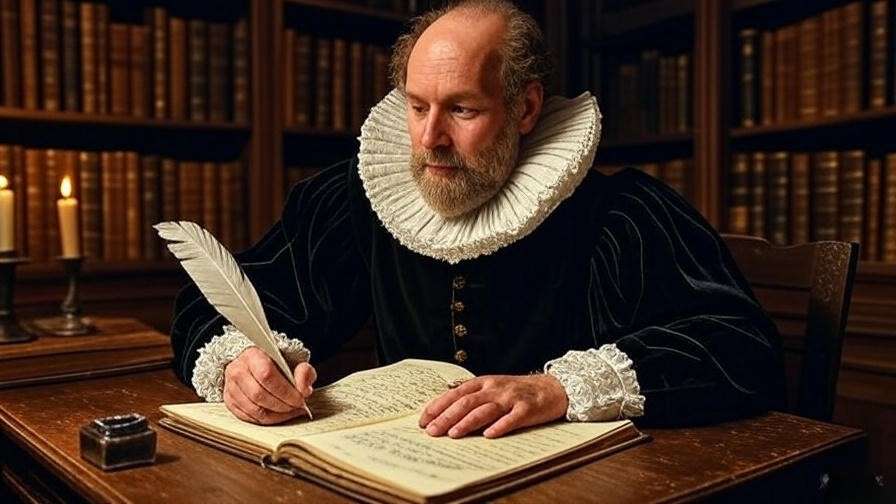 Elizabethan scholar analyzing Shakespeare manuscript in a historic library