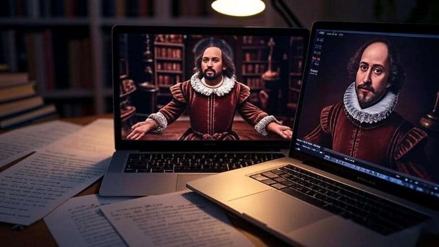 Multimedia setup with laptop showing Shakespeare performance and annotated script pages