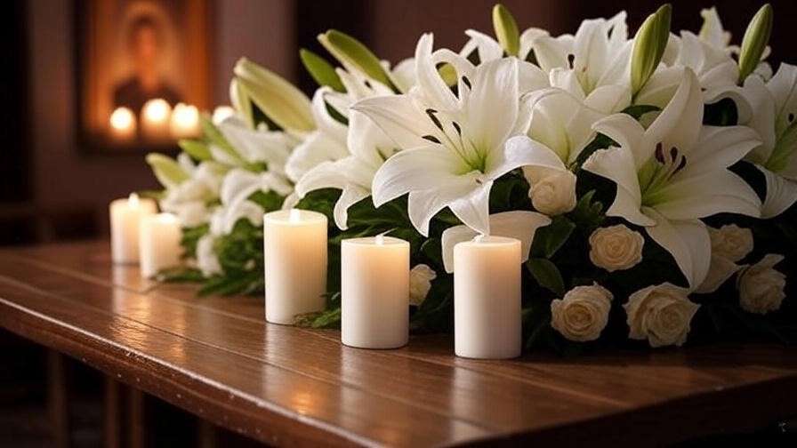 Serene memorial setting with white lilies and candles honoring a husband