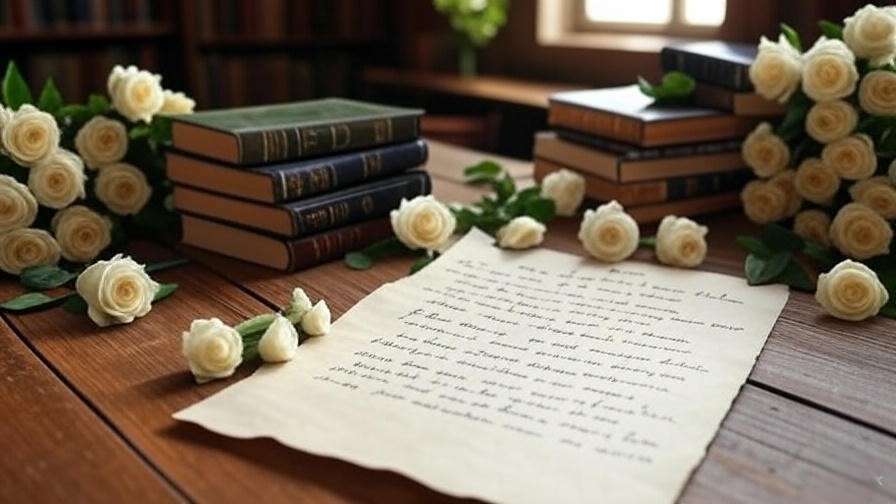 Collection of books and handwritten poem for husband’s funeral tribute