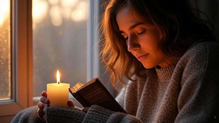 Person reflecting with candle and poem book at a funeral.