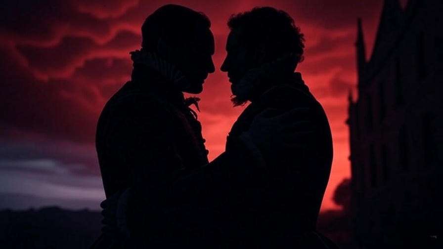Silhouette of Shakespearean lovers embracing under a stormy sky, symbolizing tragic love and loss