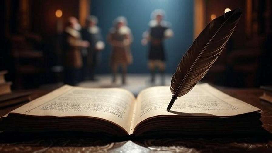 Vintage quill and manuscript blending with Shakespearean stage, representing literary fusion.