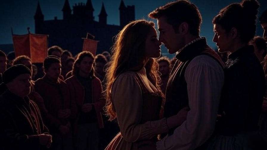 Lovers separated by a shadowy crowd and Elizabethan castle, symbolizing societal pressure in Shakespeare’s tragedies