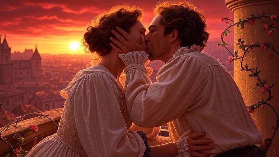 Lovers kissing on a balcony with a stormy sunset, symbolizing passion and impulsivity in Romeo and Juliet.