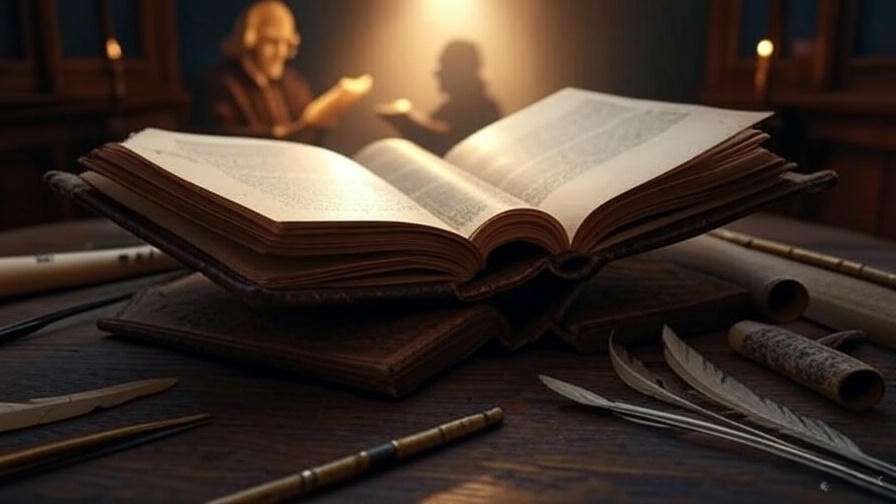 Open book with illuminated pages and Shakespearean figure, symbolizing literary analysis with The End of Love Book
