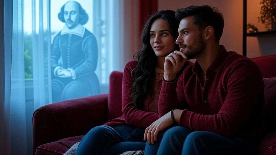 Modern couple with Shakespearean lovers overlay, symbolizing lessons for today’s relationships