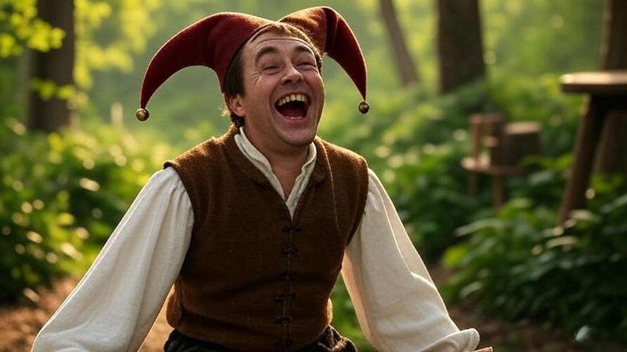 Jester laughing in the Forest of Arden from As You Like It, Shakespearean theatrical scene.