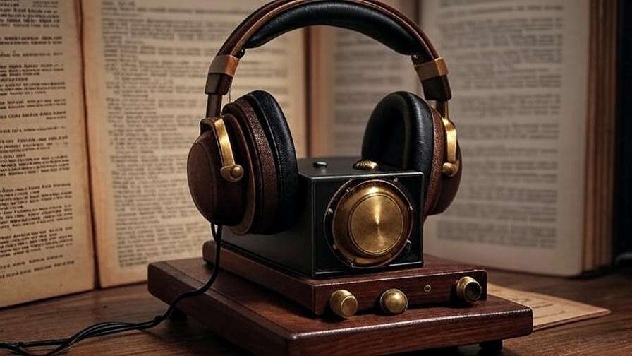 Vintage audio player with headphones and Shakespeare script background for literary studies